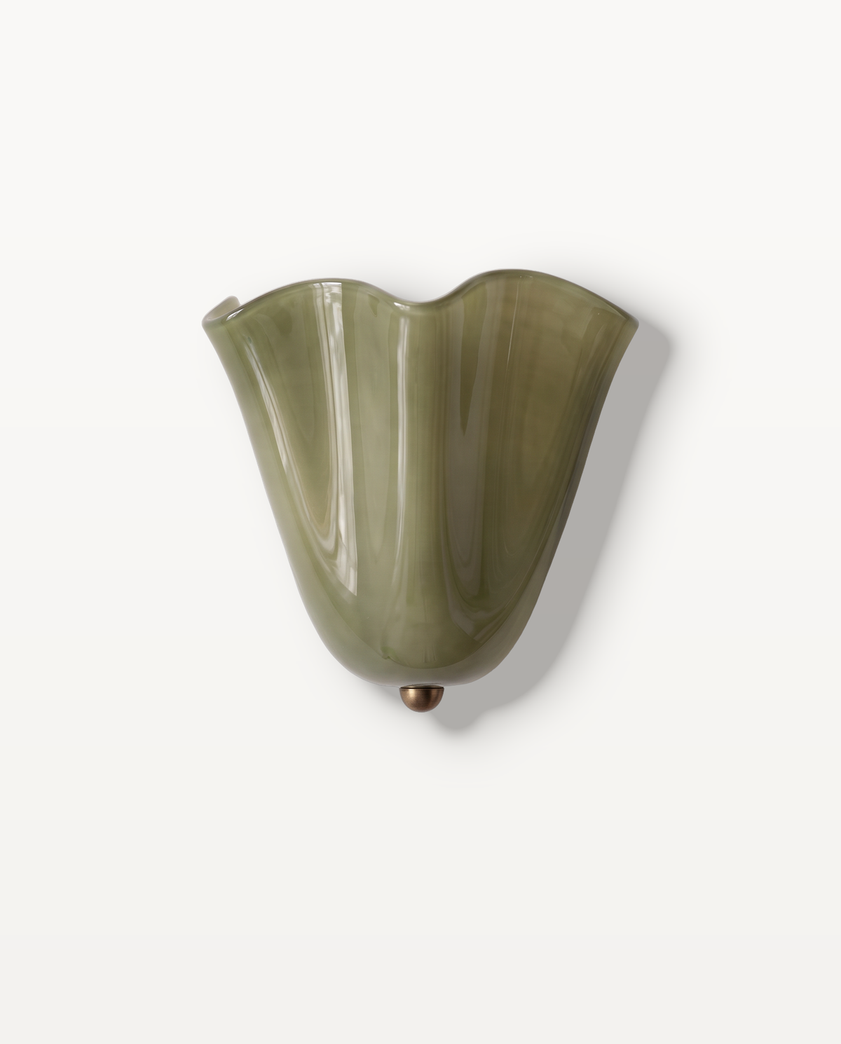 The Petal Wall Light – Sage, sculpted sage green glass petal shade with a brass tip