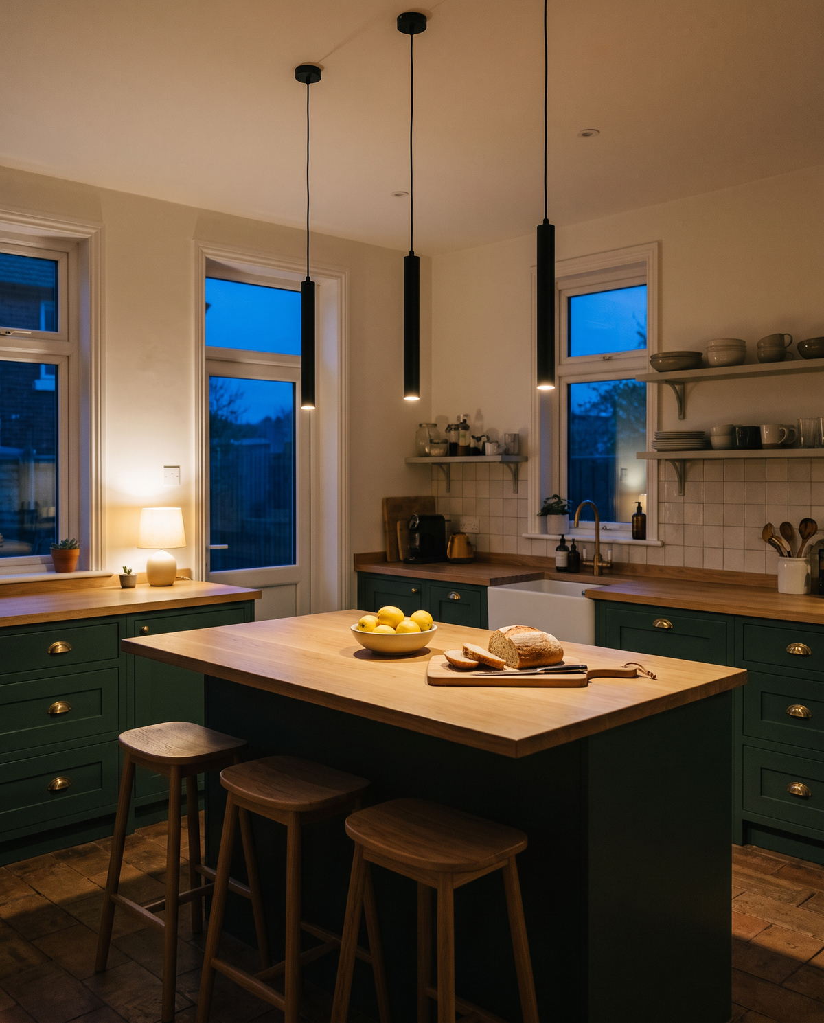 Three Plumb pendants over a kitchen island with green shaker cabinets