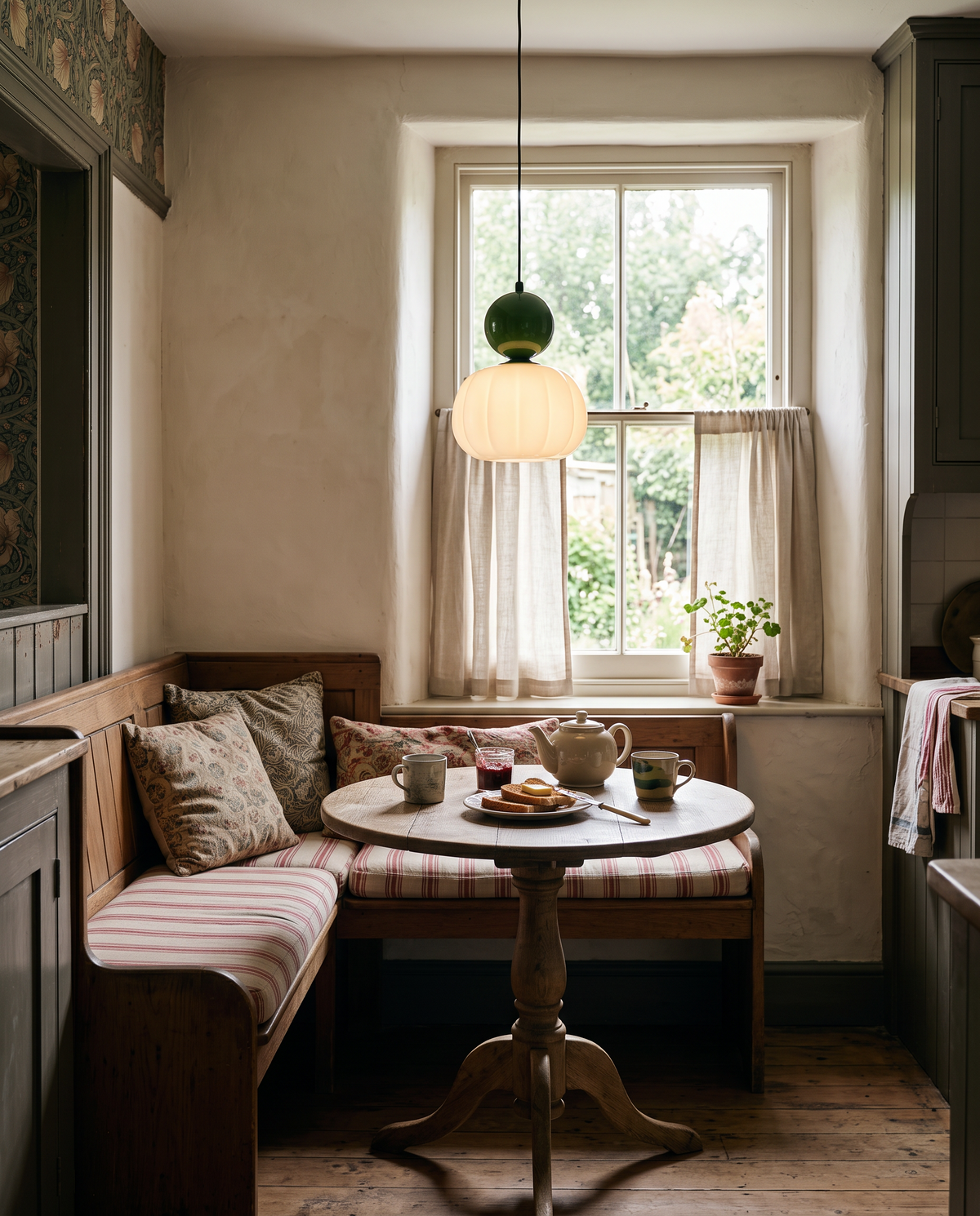 A Pomander pendant in Bottle Green over a cottage breakfast nook