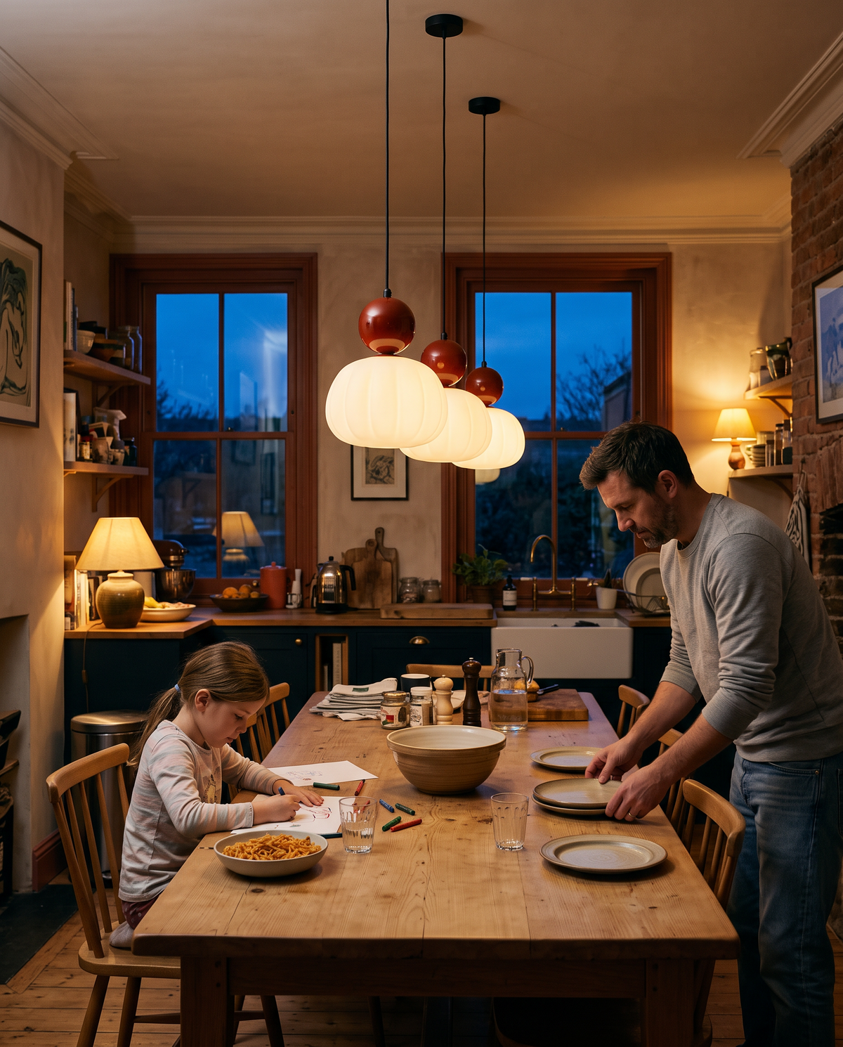 A girl drawing at the kitchen table under three Pomander pendants in Cherry