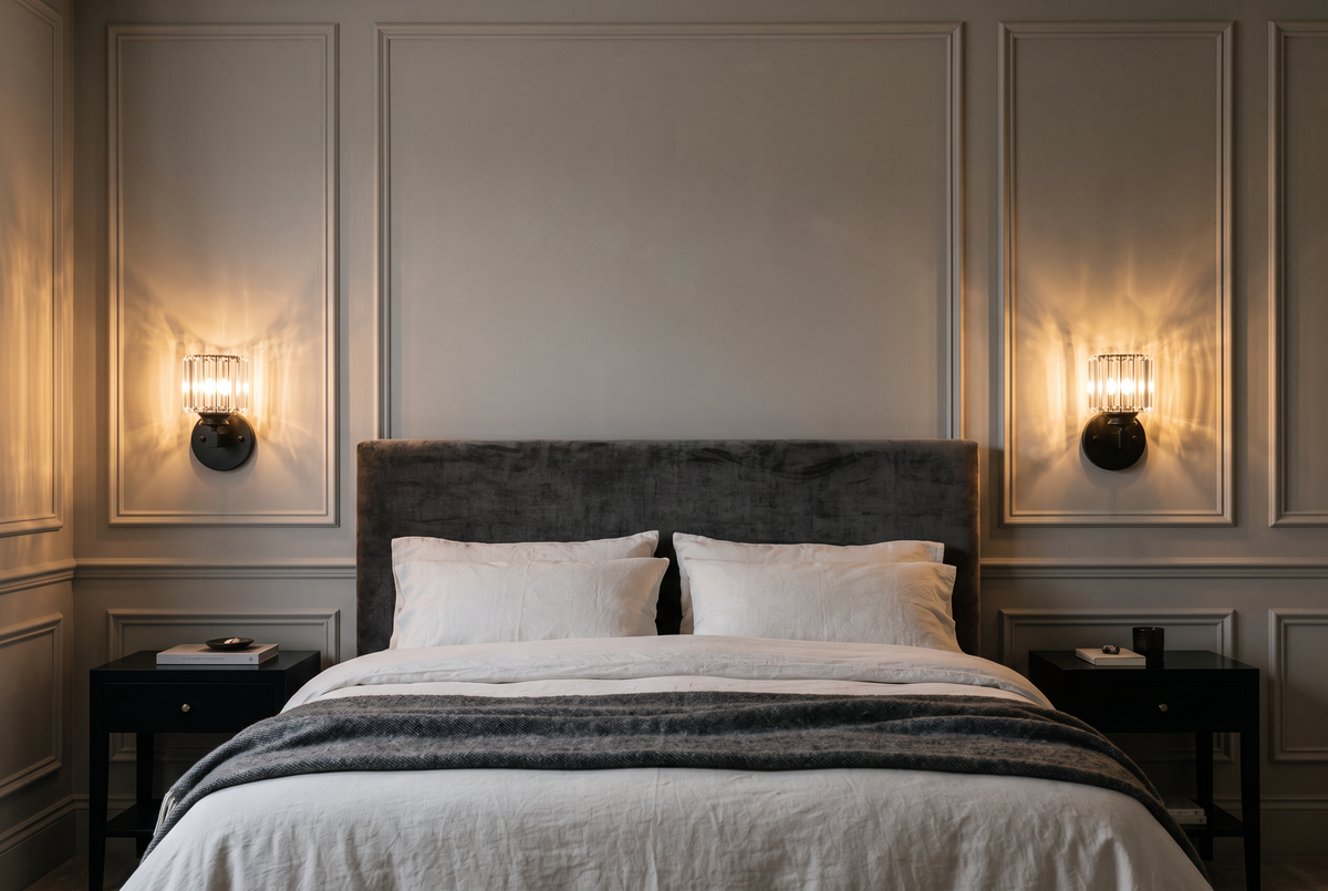 A pair of Prism crystal wall sconces in black either side of a velvet headboard