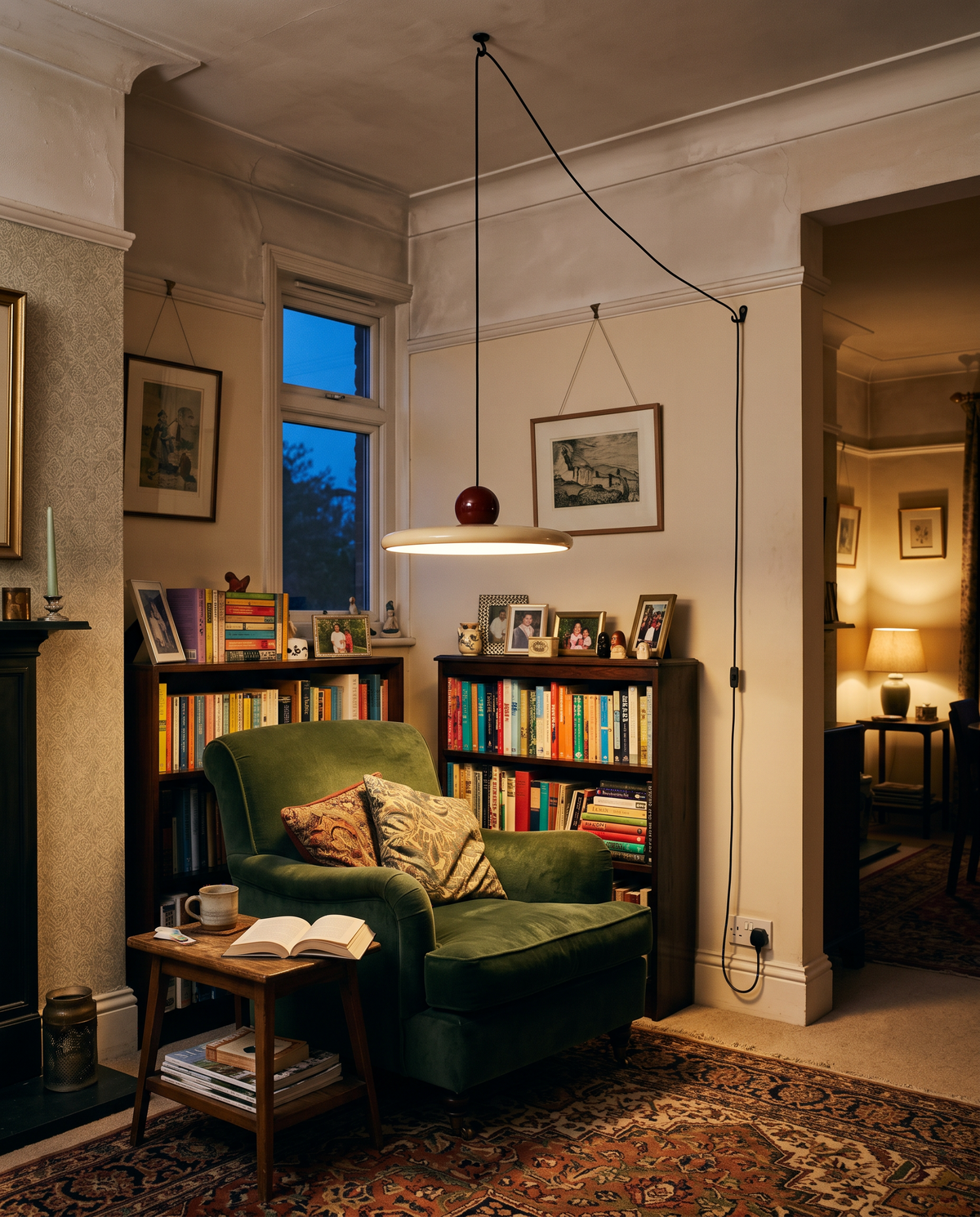 A Pulley in Oxblood & Cream hanging beside a green velvet armchair