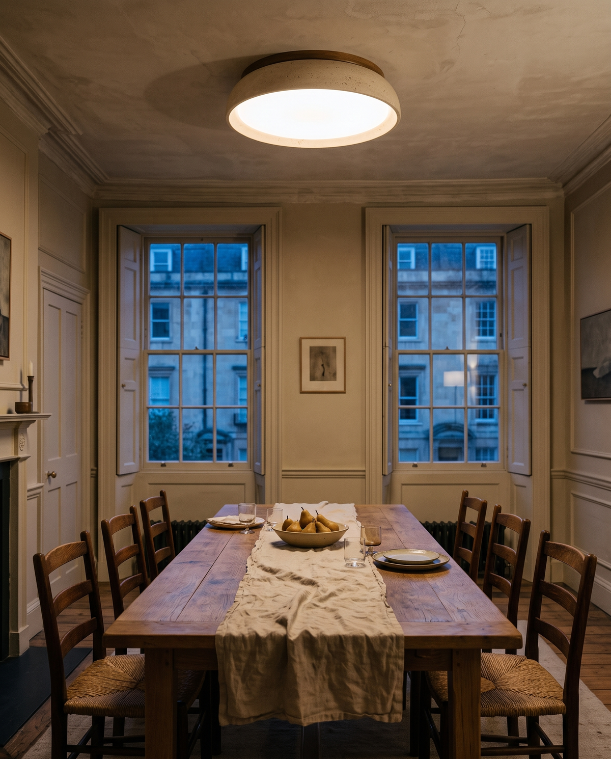 The Quarry 55 cm above an oak dining table in a Georgian townhouse