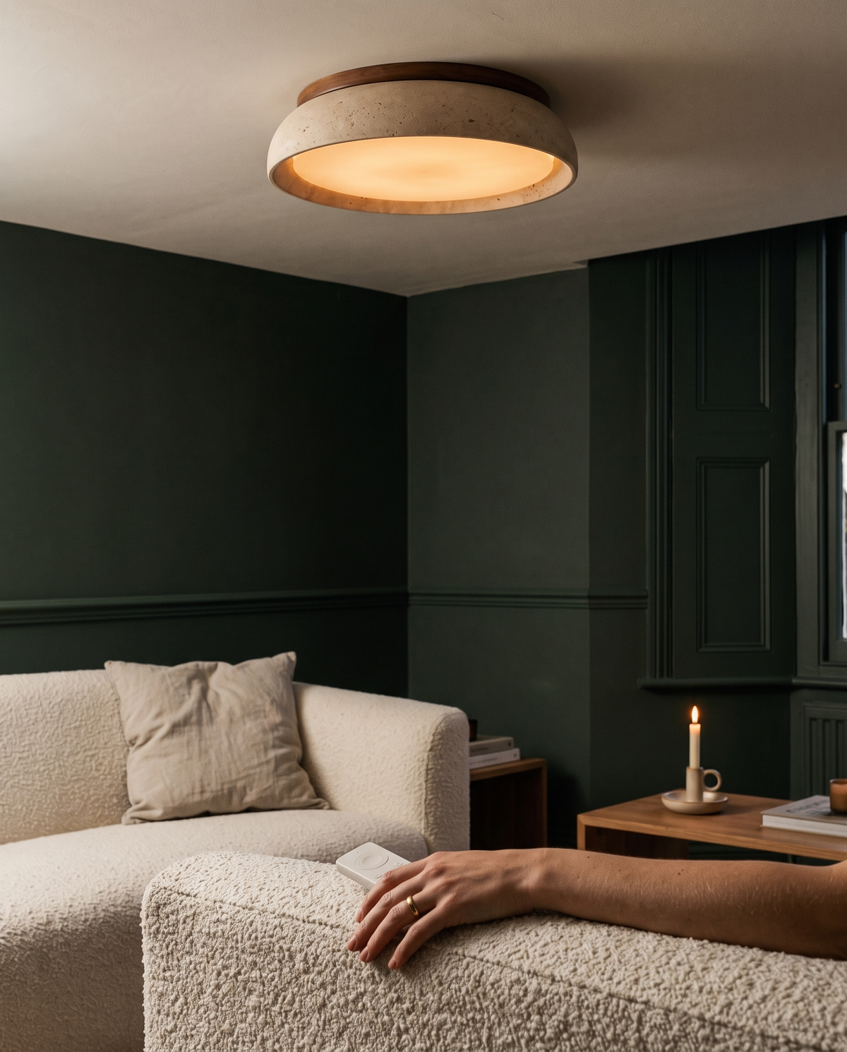 The dimmable Quarry lowered to a soft glow with its remote control