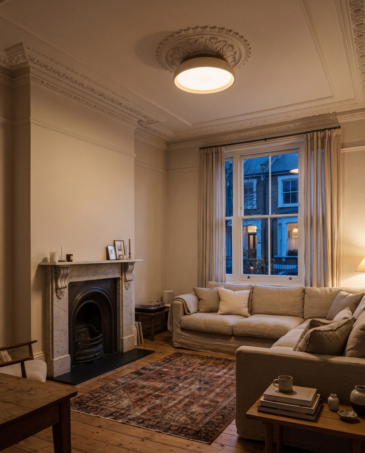 The Quarry in a Victorian sitting room with a cornice and cast-iron fireplace