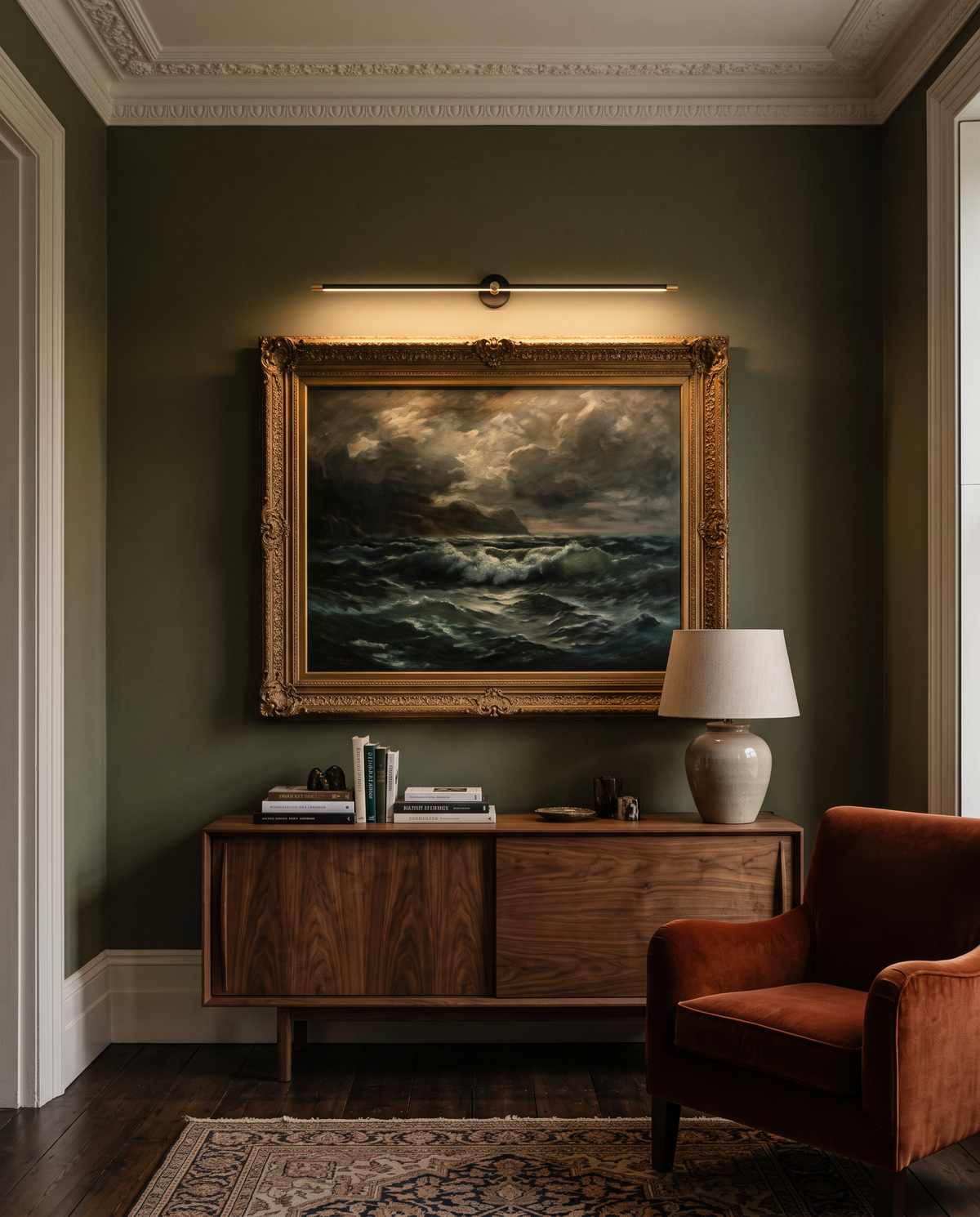 The Rail lighting an oil painting over a sideboard