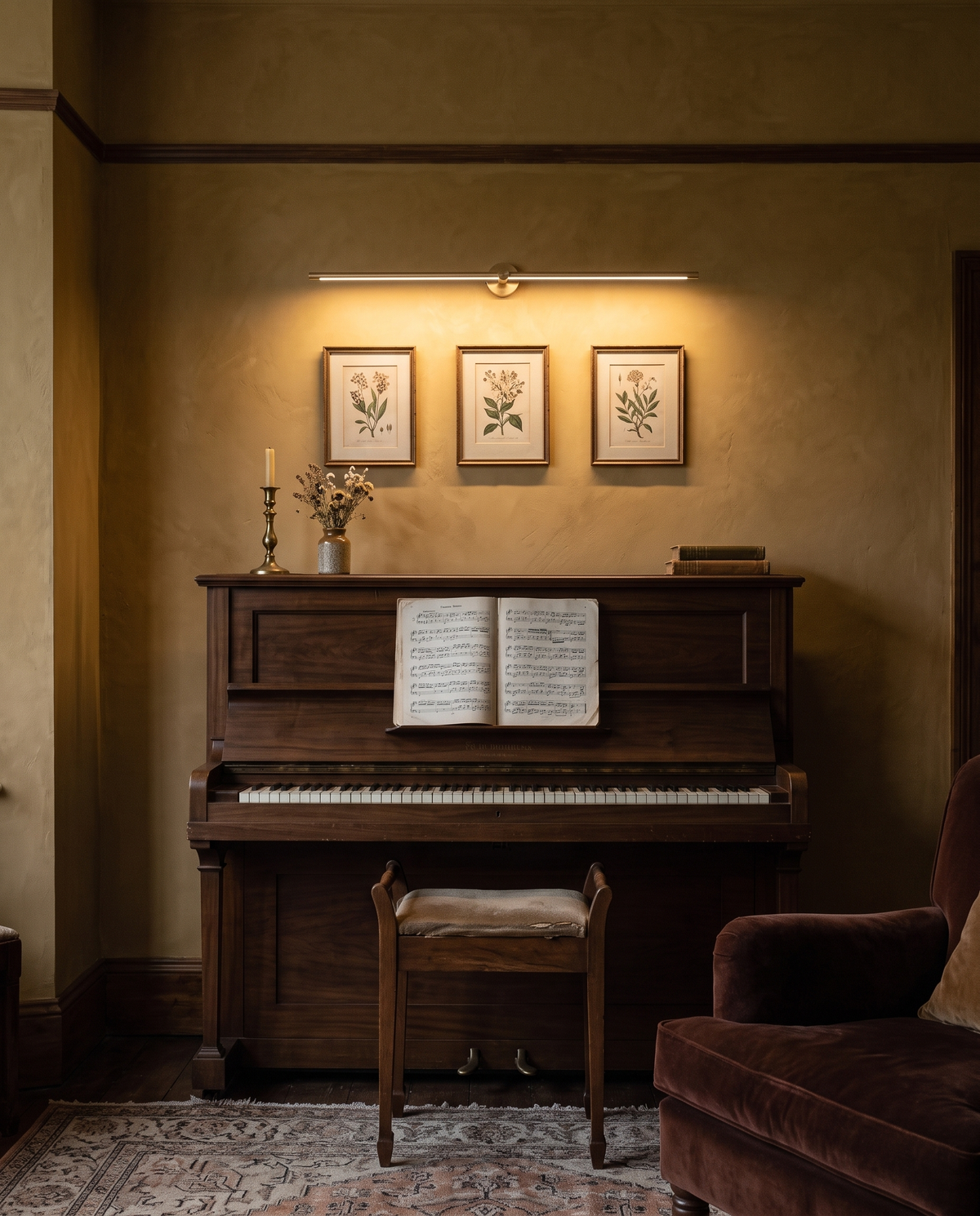 The Rail in Gold above botanical prints and an upright piano
