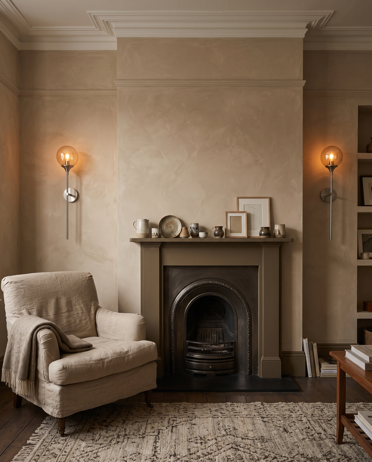 A pair of Reed wall sconces in silver with amber globes either side of a fireplace
