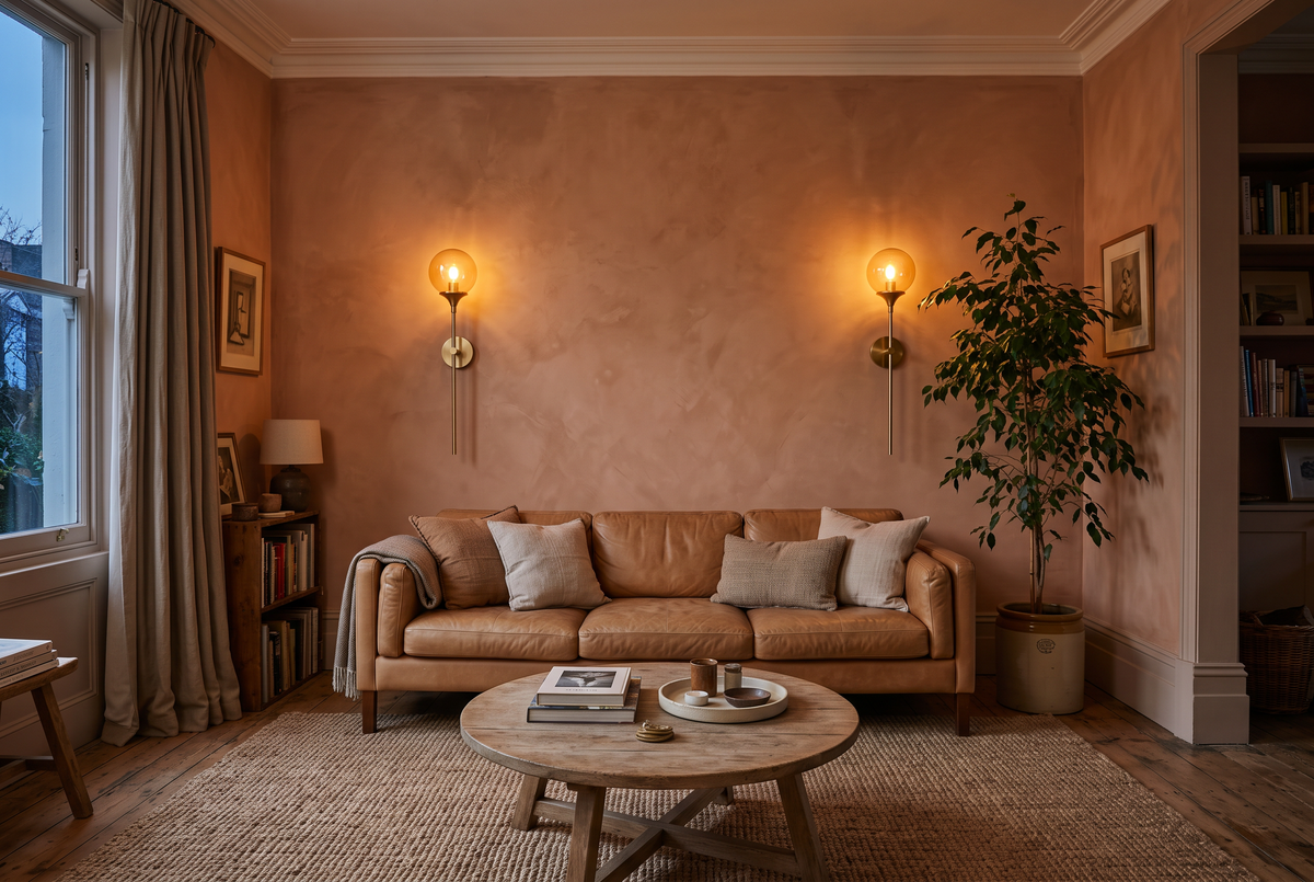 A pair of Reed long-stem wall sconces in brass with amber globes above a leather sofa