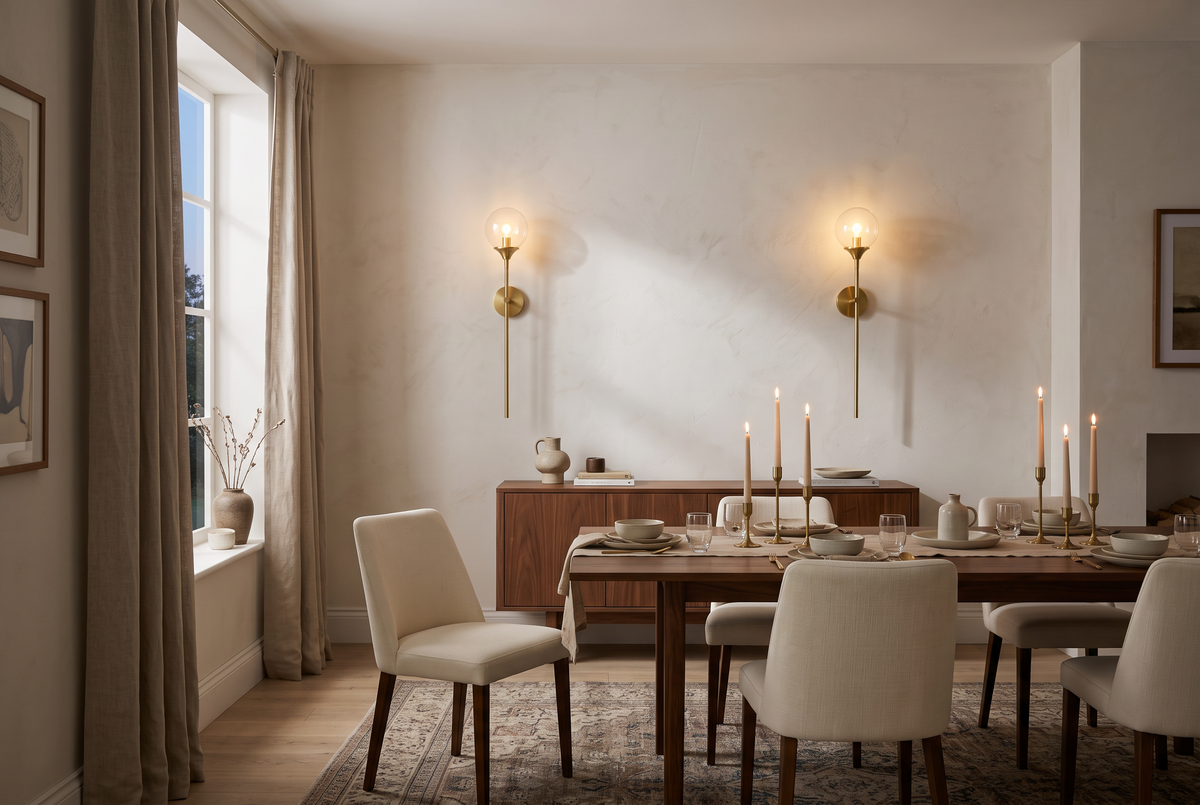 A pair of Reed long-stem wall sconces in brass with clear globes above a sideboard