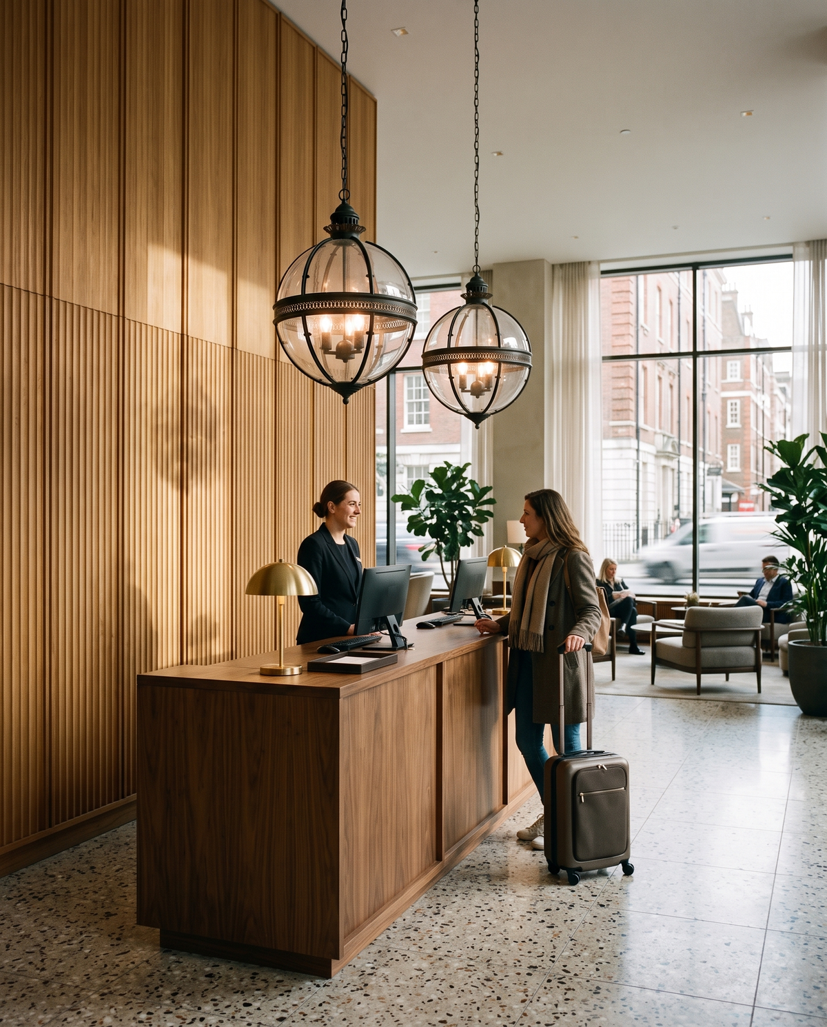Two Regent pendants in Jet above a boutique hotel reception desk