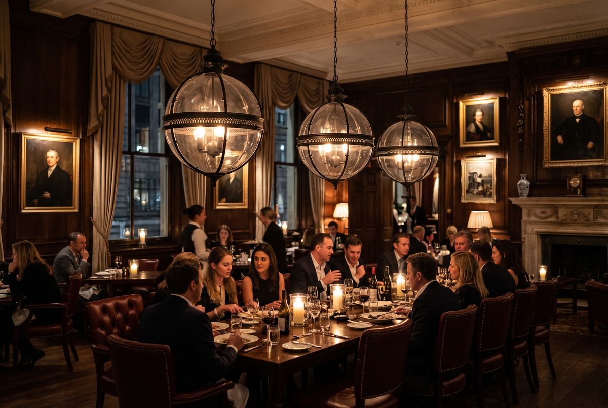 Three Regent pendants in Jet in a club dining room