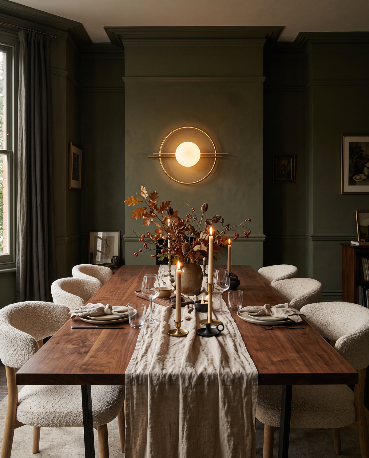 The Ring globe wall sconce in brass at the end of a walnut dining table