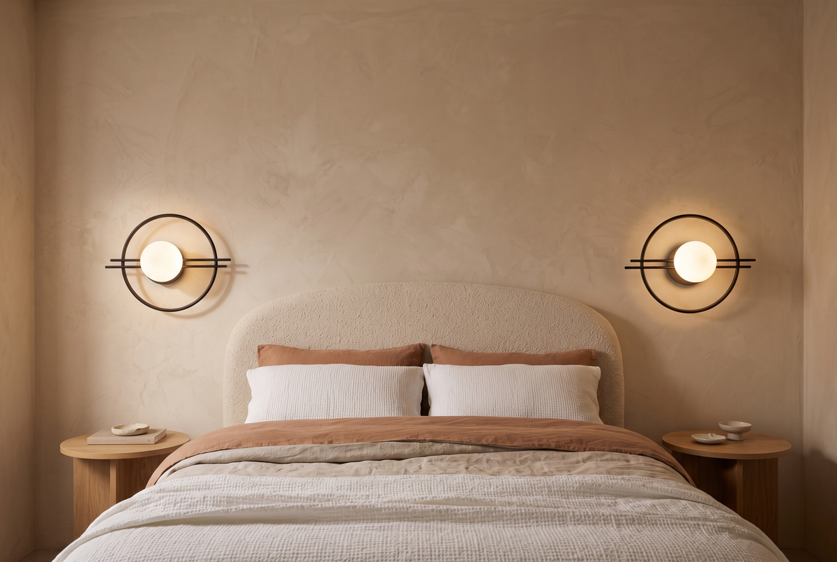 A pair of Ring globe wall sconces in black either side of a boucle headboard