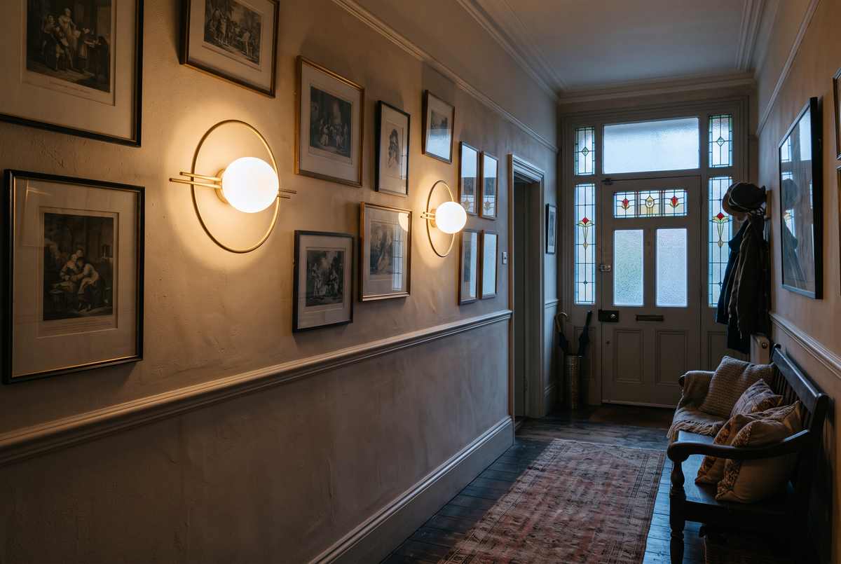 Two Ring globe wall sconces in brass along a Victorian hallway