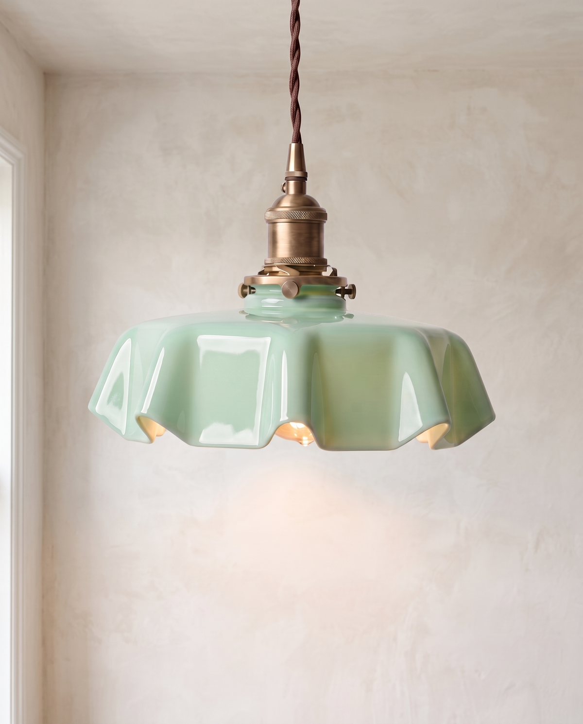 The Scallop Pendant – Green, scalloped glass shade with an aged brass holder