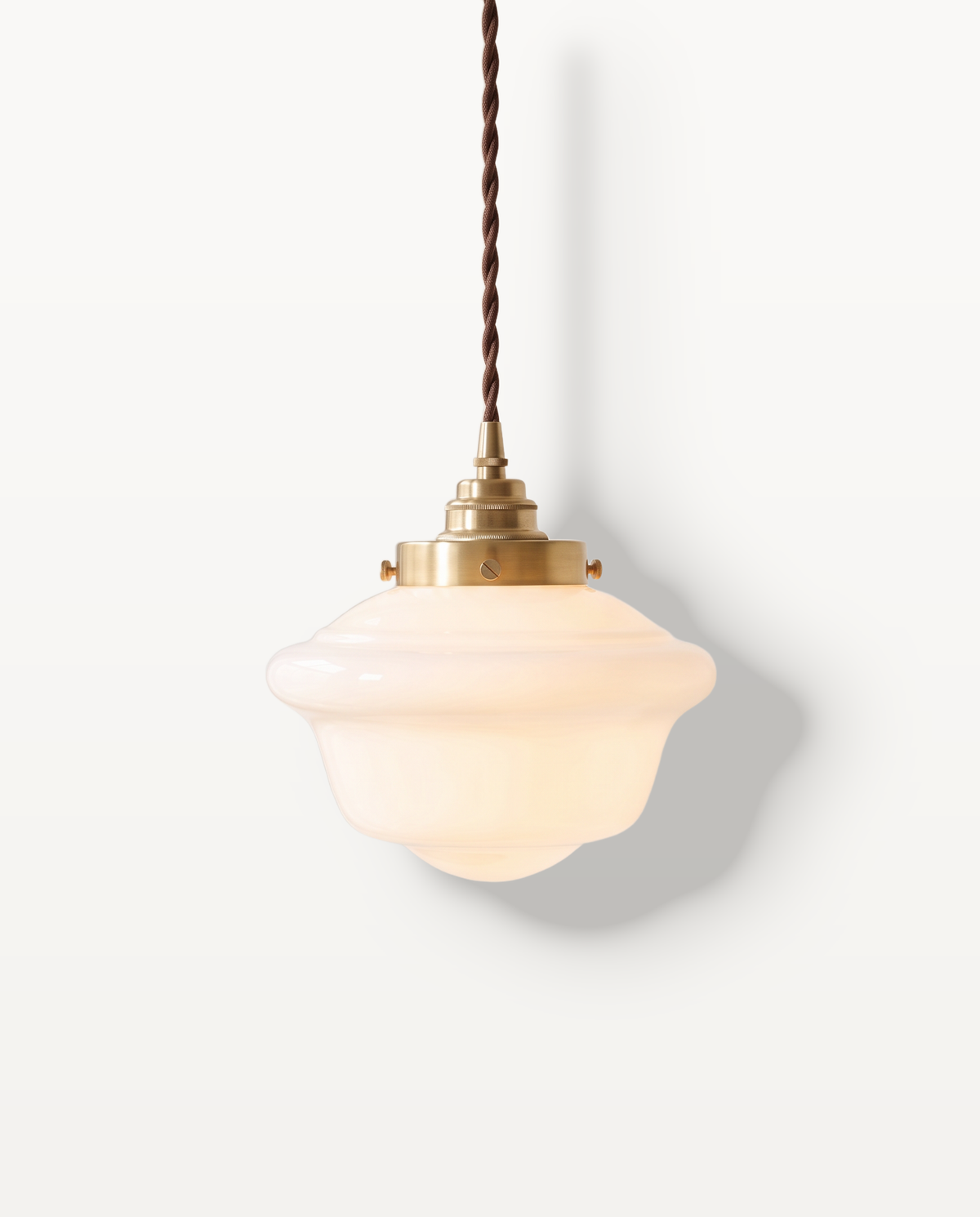 The Scholar Pendant – Large Ø 30 cm, milk opal glass schoolhouse shade with antique brass gallery