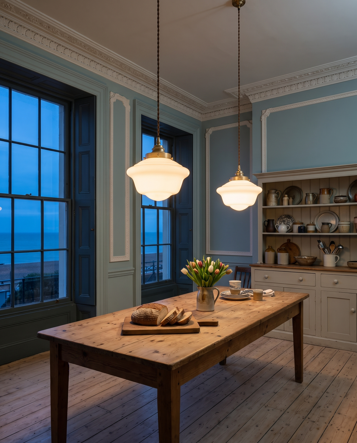 The Scholar opal glass pendant – Kitchen-diner in the evening, Brighton Regency townhouse