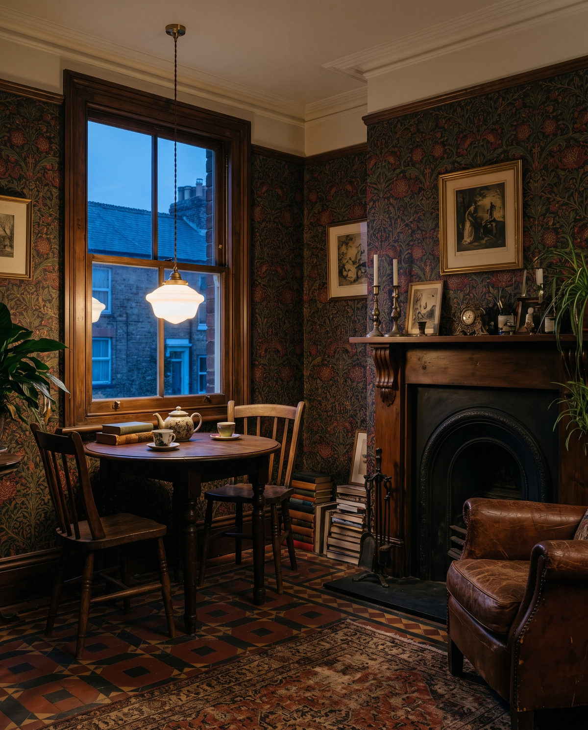 The Scholar opal glass pendant – Back sitting room, Victorian house with Morris wallpaper