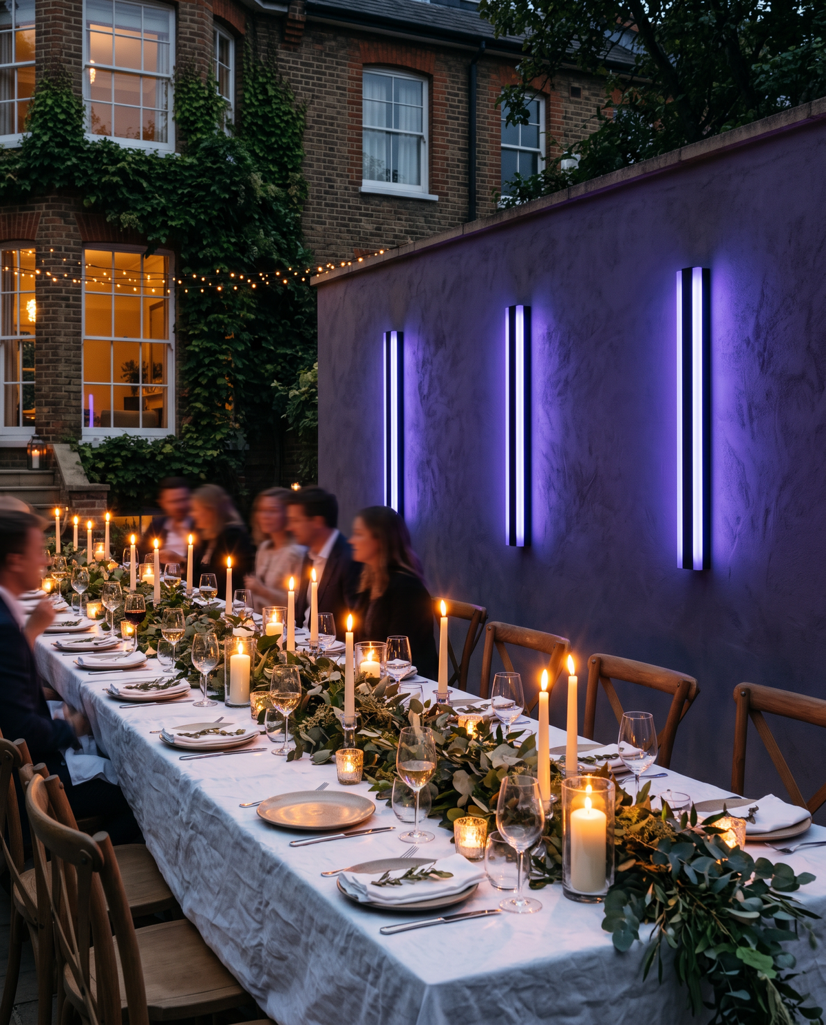 Sentry lights in a soft indigo colour behind a garden dinner party