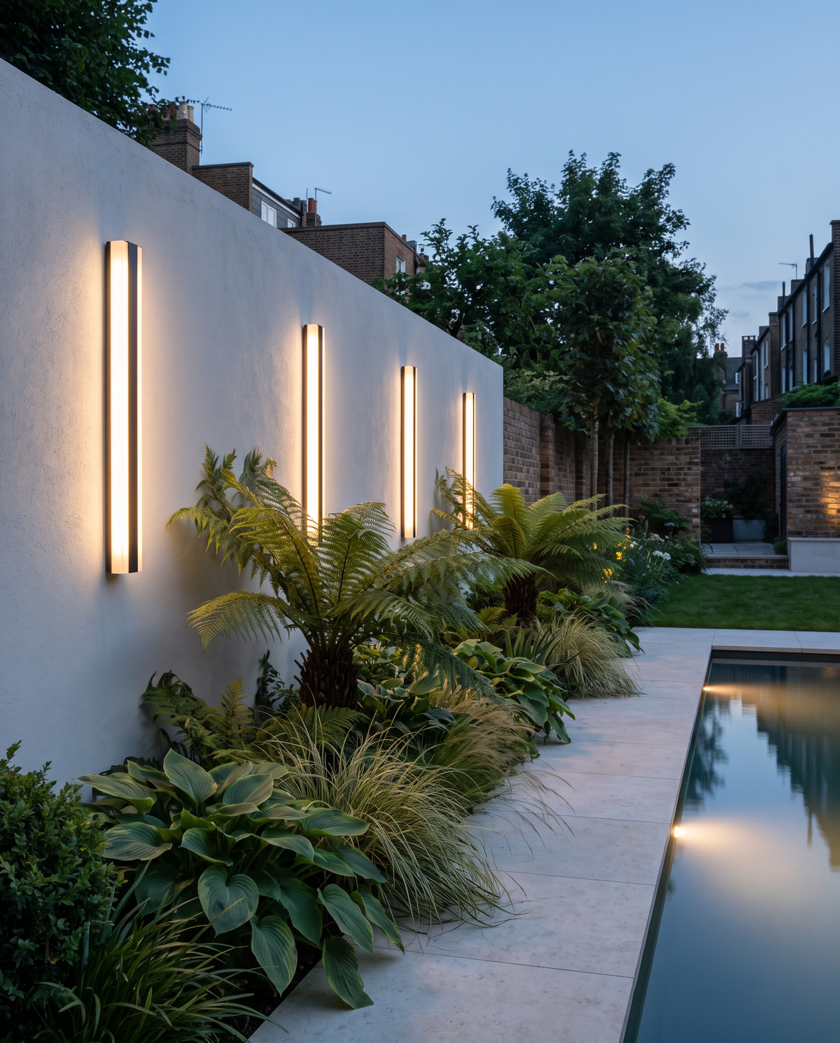 Four Sentry lights along a rendered garden wall beside a reflecting pool