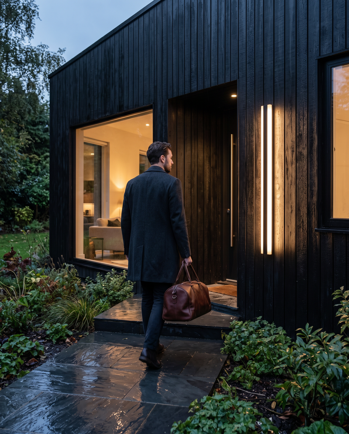 A Sentry lighting the front door of a black timber house as he comes home