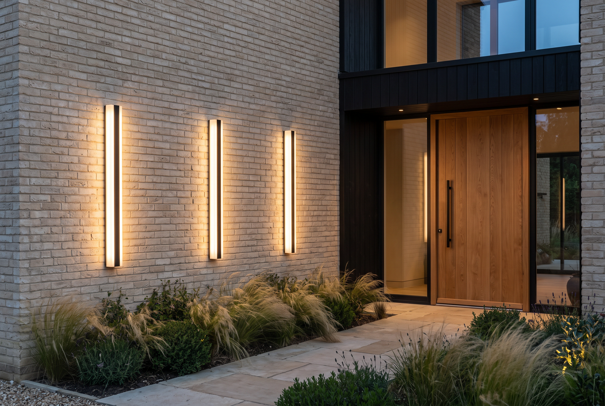 Three Sentry lights on the brick facade of a contemporary country house