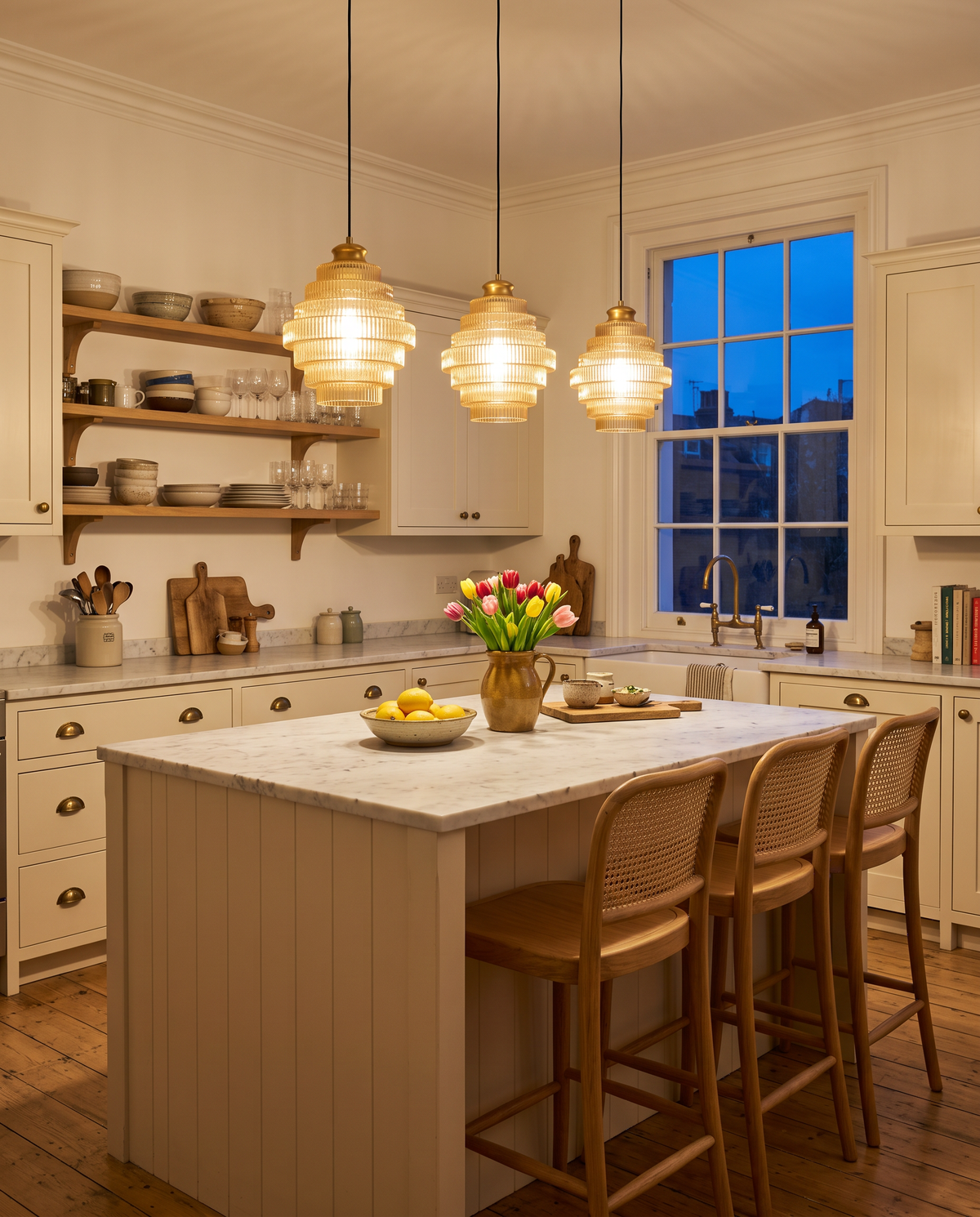 Three Skep pendants in Amber over a marble kitchen island