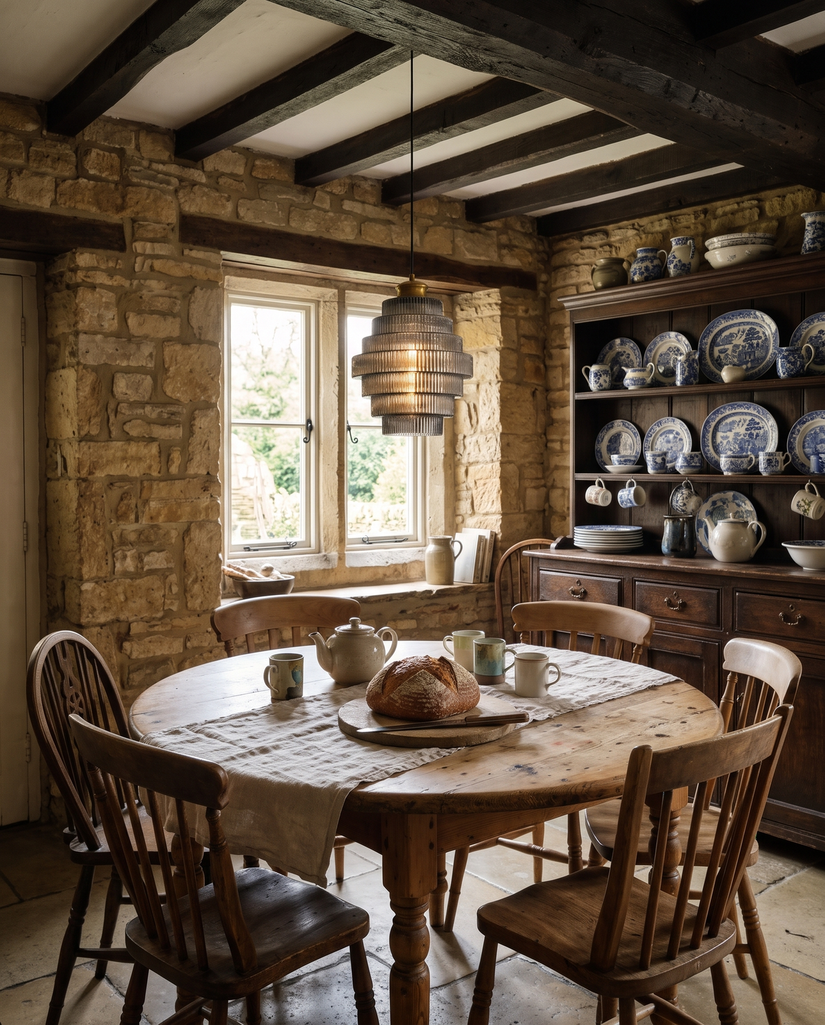 A Skep in Smoke over a pine table in a Cotswold cottage kitchen