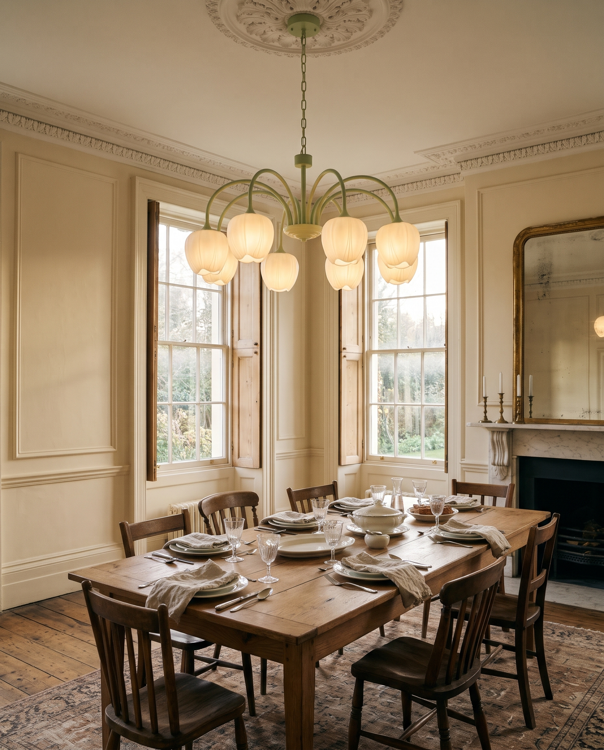 The Snowdrop over an oak dining table in a Georgian townhouse dining room