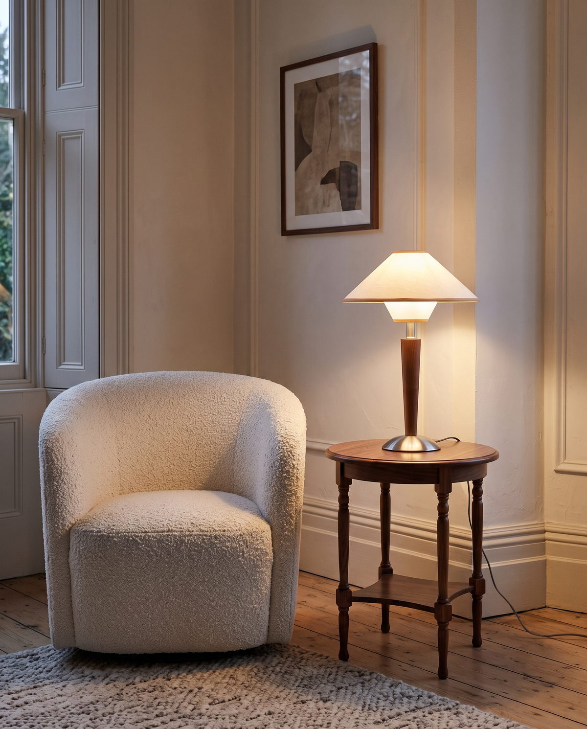 The Spindle in Ivory beside a boucle armchair