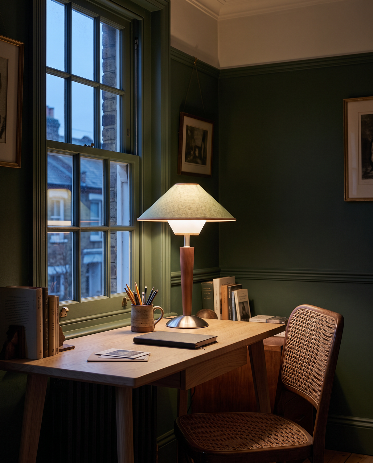 The Spindle in Sage on a writing desk in a Victorian study