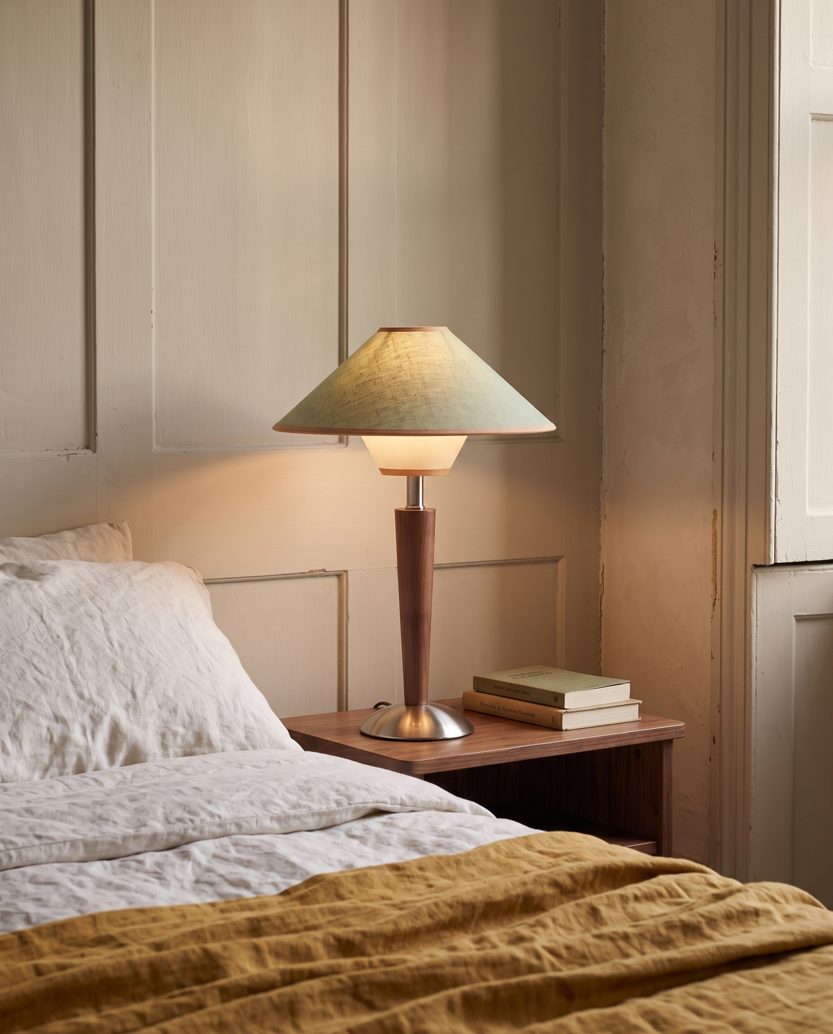 The Spindle in Sage on a walnut bedside table in a Victorian bedroom