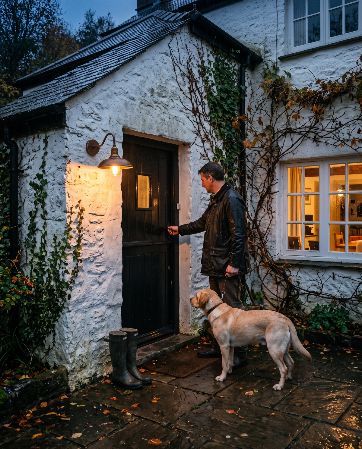 A man and his Labrador arriving at a farmhouse door lit by The Stable