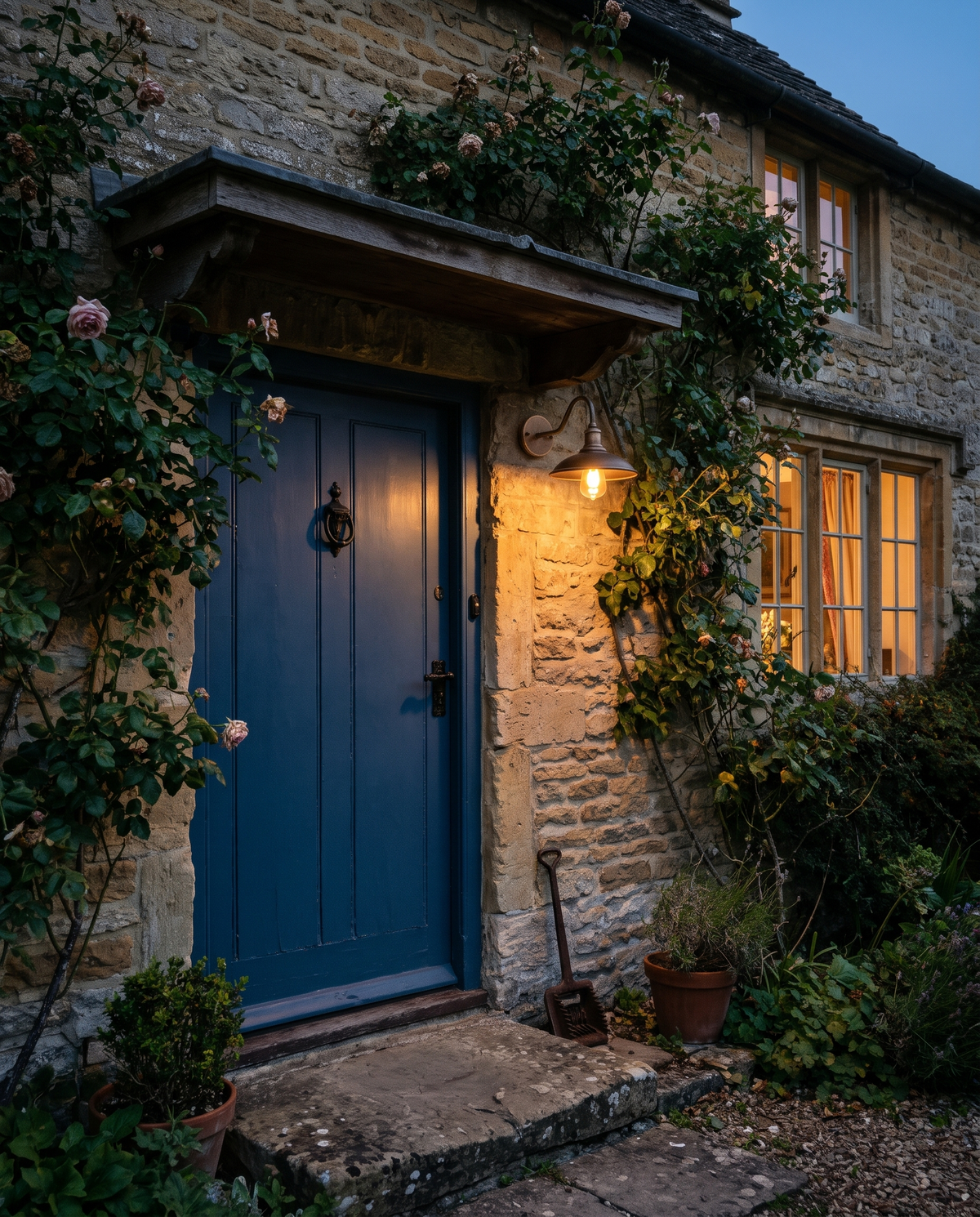 The Stable beside the blue door of a Cotswold stone cottage at dusk