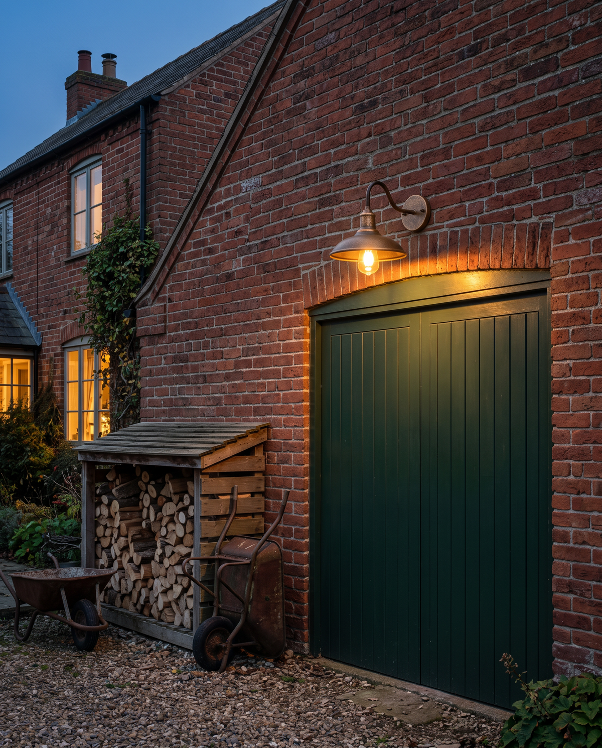The Stable above the green garage door of a brick farmhouse