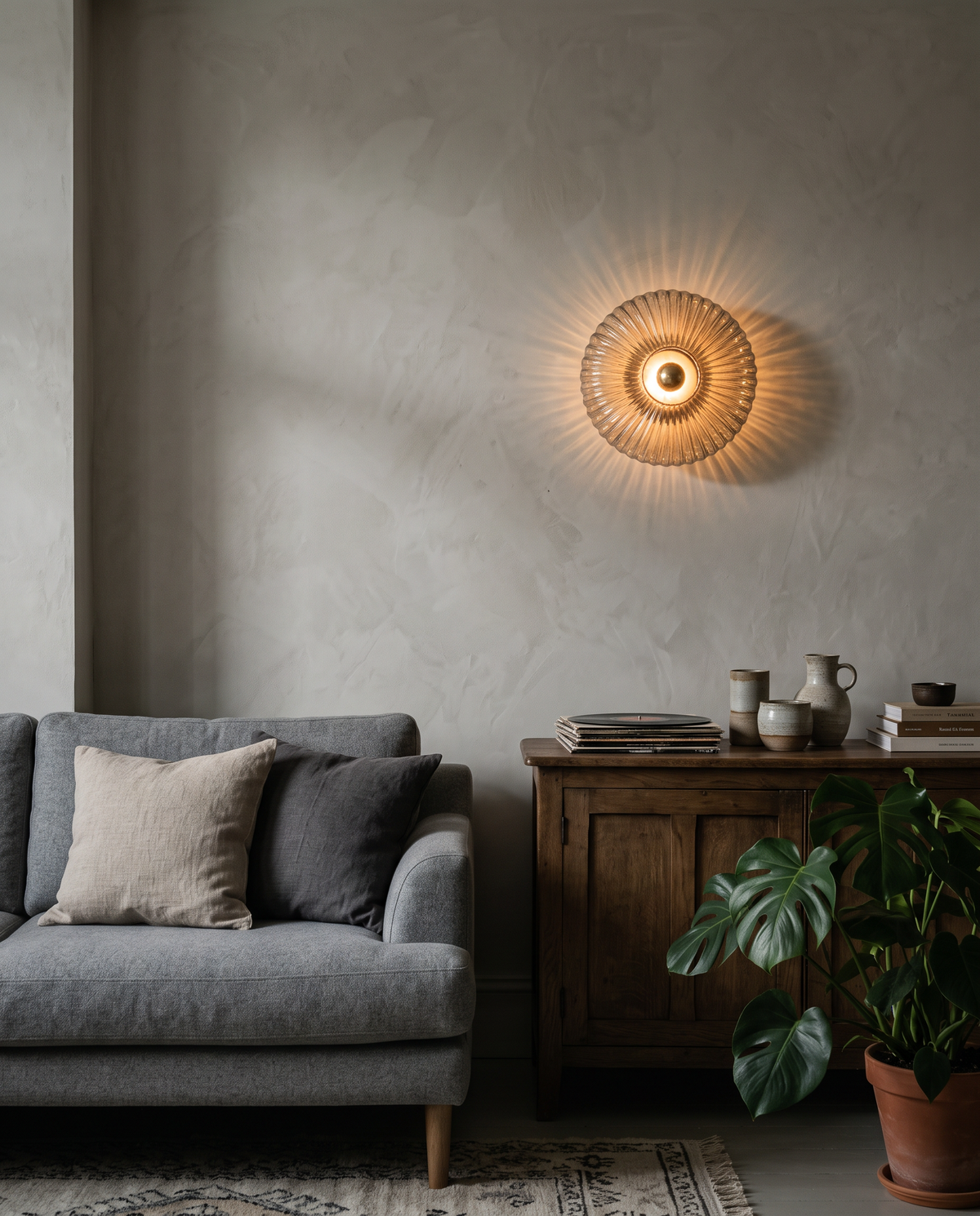 The Sunburst wall light in smoke grey fluted glass above an oak sideboard