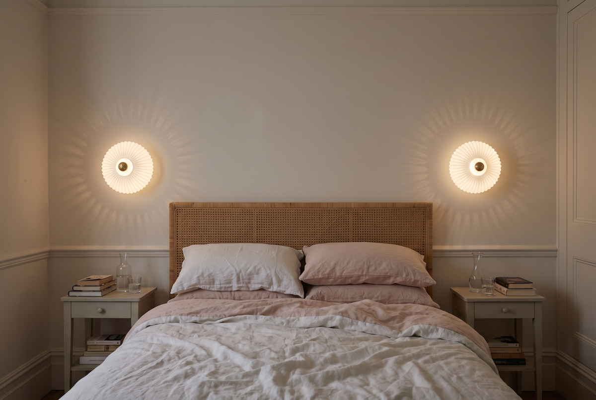 A pair of Sunburst wall lights in white fluted glass either side of a rattan headboard