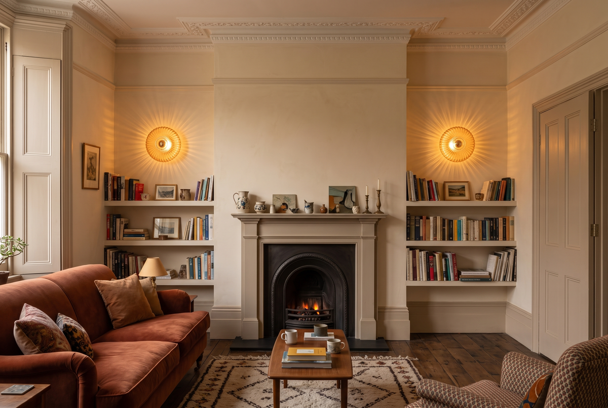 A pair of Sunburst wall lights in amber fluted glass in the alcoves of a living room