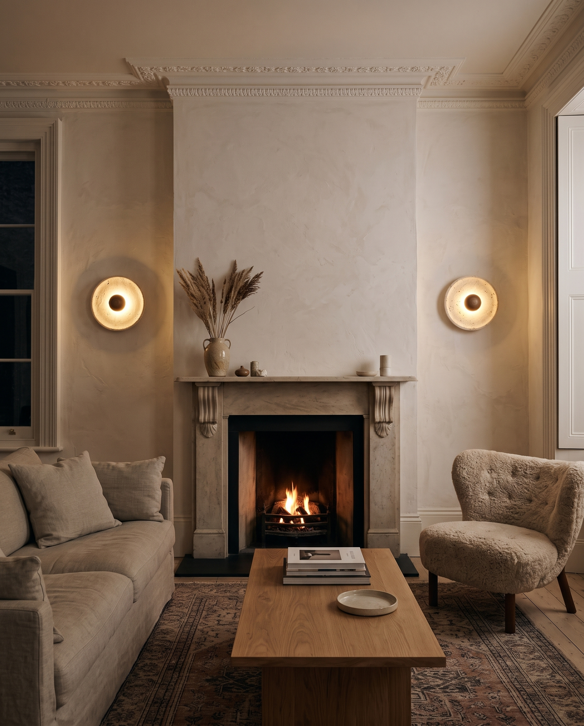 Two Sundial lights either side of a fireplace