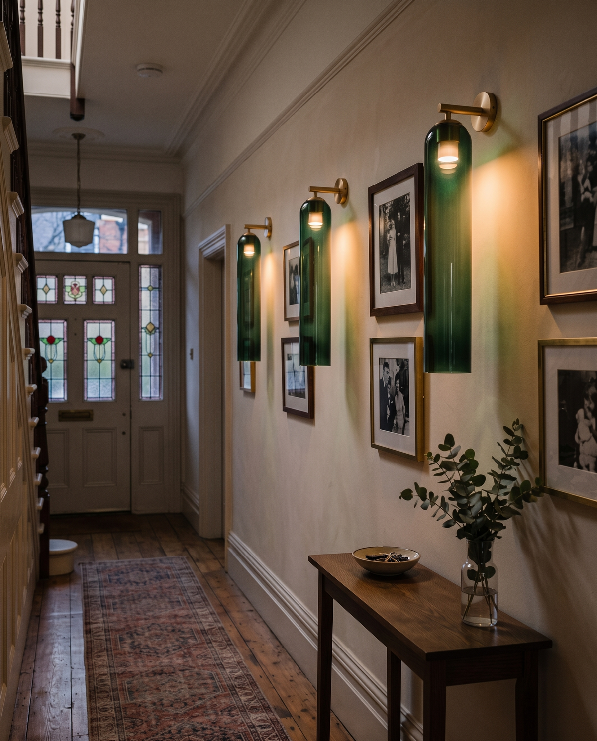 Three bottle green Taper lights along a hallway