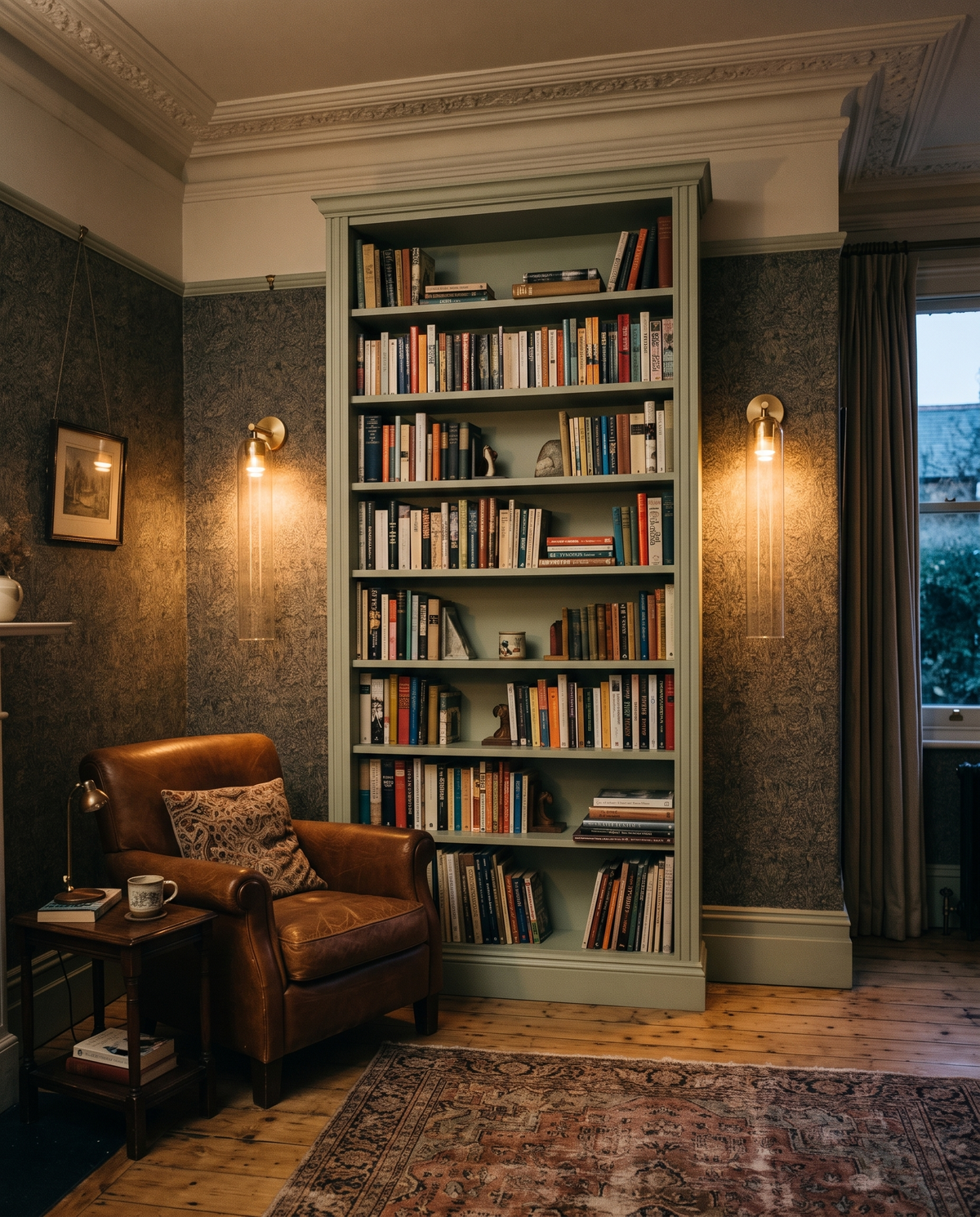Two clear Taper wall lights either side of a bookcase in a Victorian study