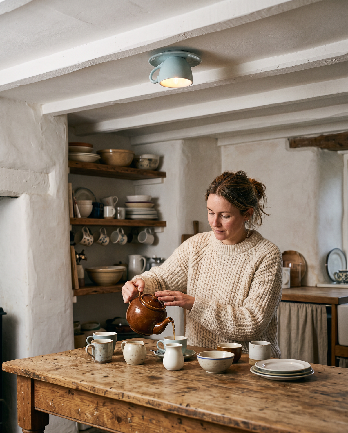 A woman pouring tea in a cottage kitchen under The Teacup in Duck Egg