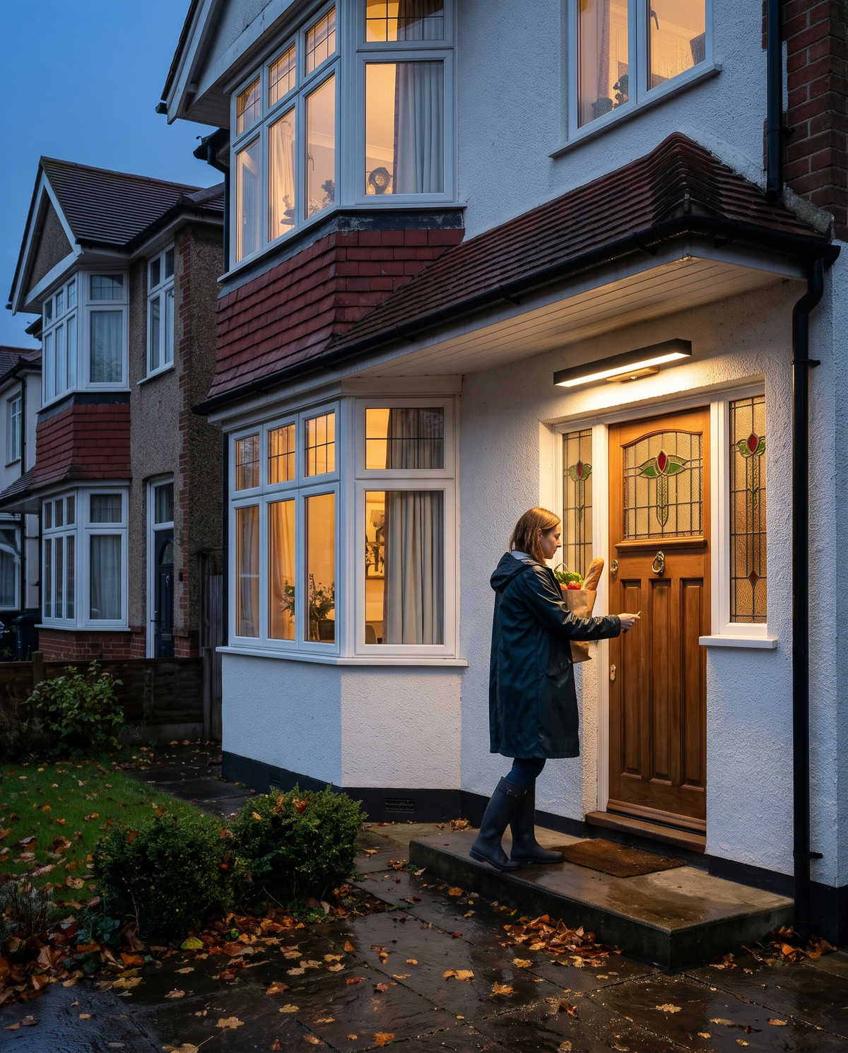 A woman arriving home as The Threshold lights the door of a 1930s semi