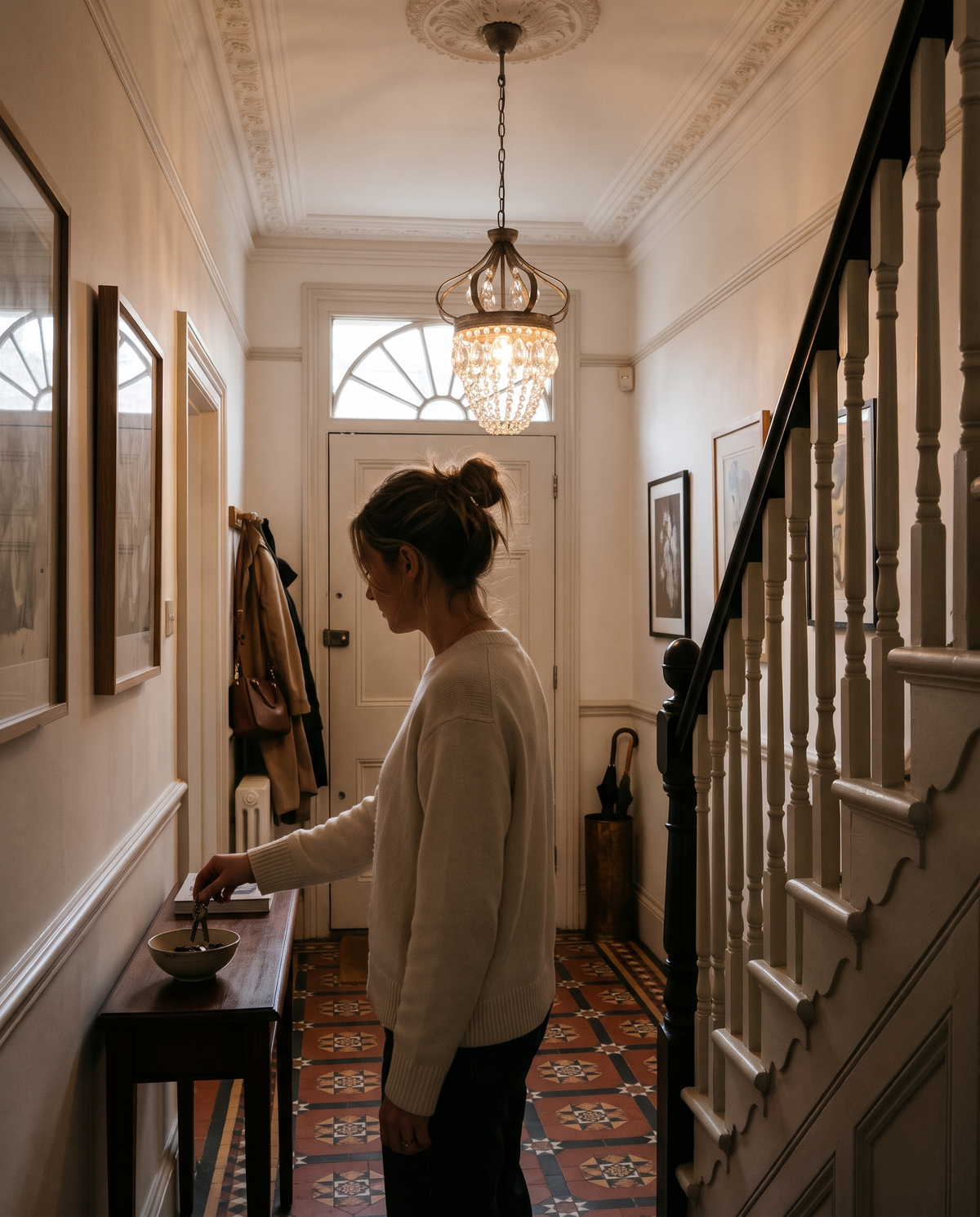A woman coming home under The Tiara in a Victorian hallway