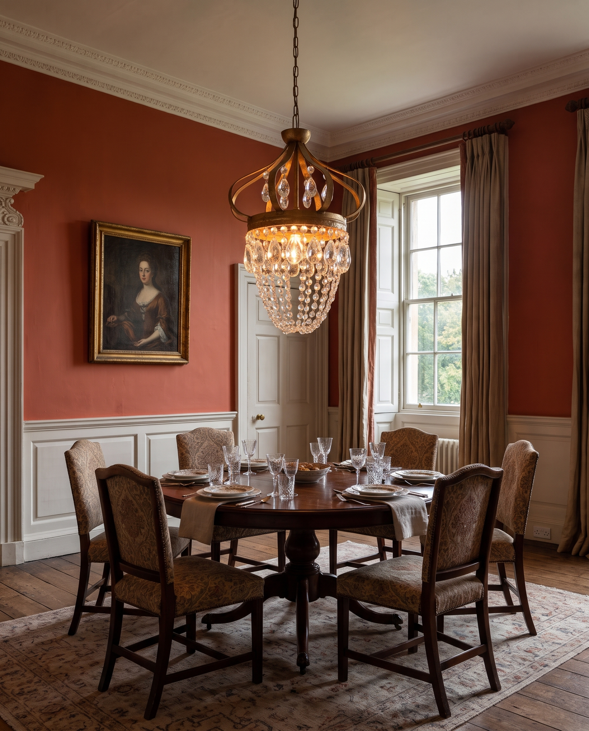 The Tiara Ø 53 cm in Gilt above a mahogany dining table