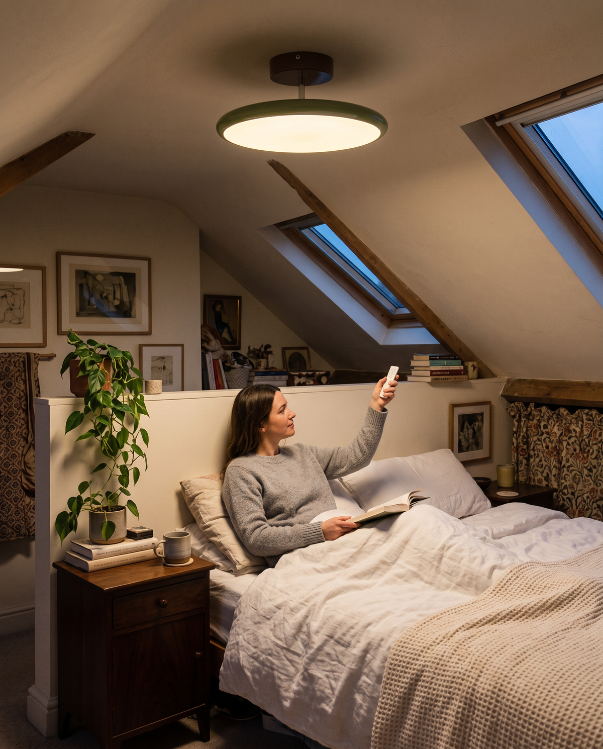 A woman in bed dimming the Tilt ceiling light with its remote