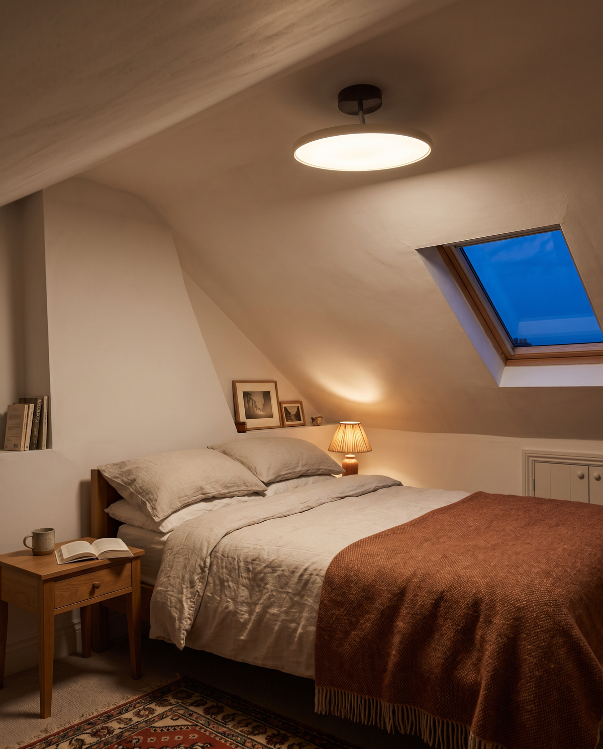 A Tilt ceiling light on the sloping ceiling of a loft bedroom in a Victorian terrace