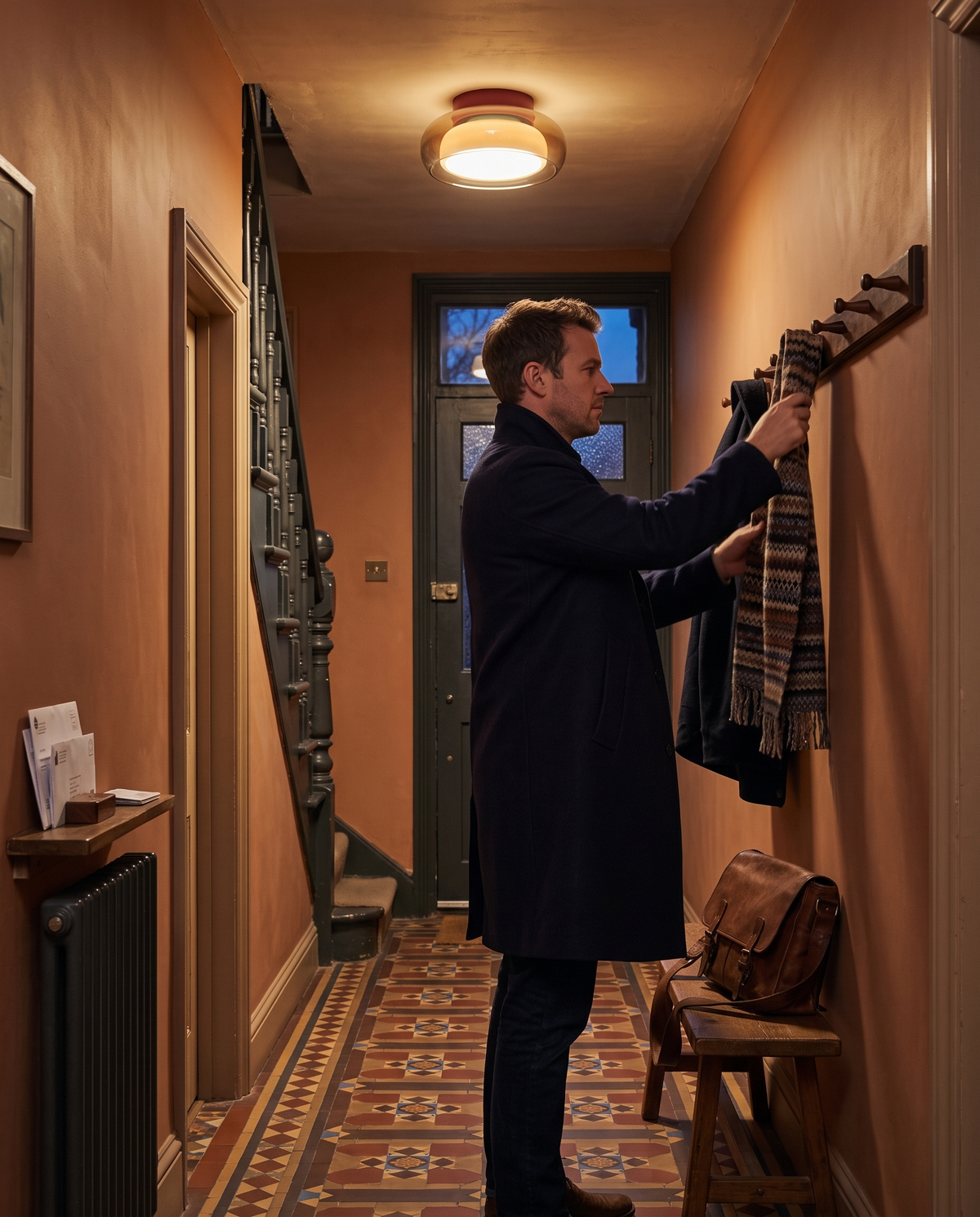 A man hanging his scarf under The Toffee in a hallway