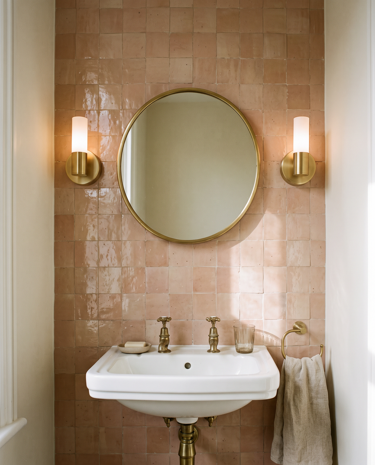 Washstand Single Up lights either side of a round mirror in a tiled en-suite
